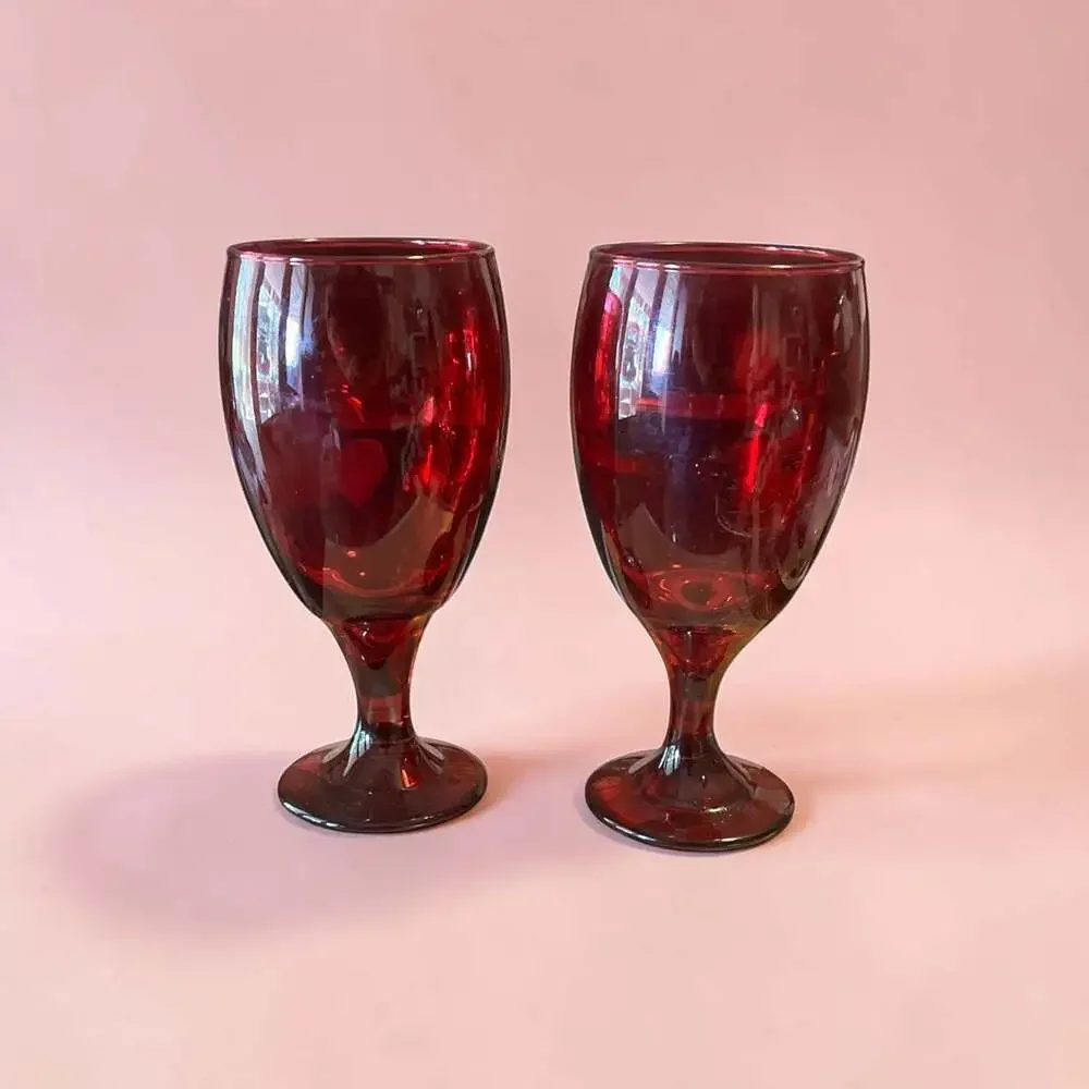 Vintage Ruby Red Glass Water Goblet Wine Glass Stemware Set of 2